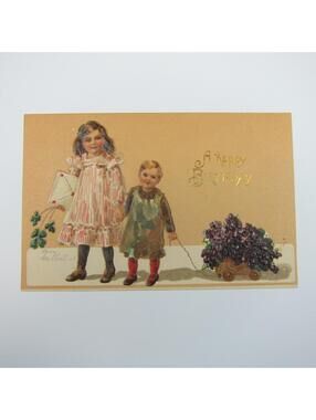Postcard Birthday Greeting Antique Boy & Girl Purple Pansy Flowers Clover & Card